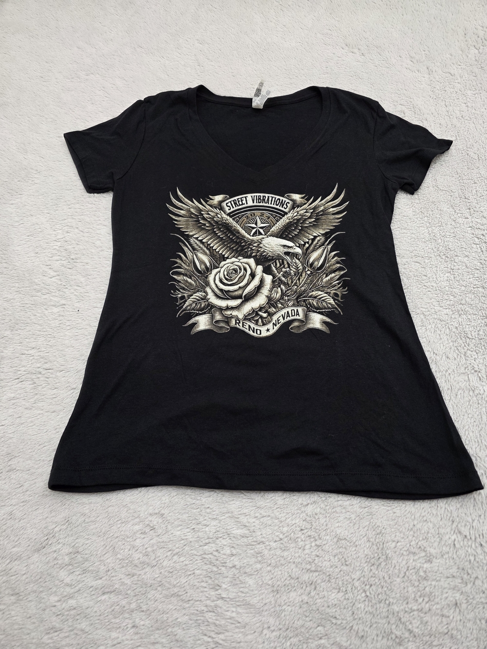 Next Level Apparel Black V-Neck Graphic Tee with Cream Eagle & Rose